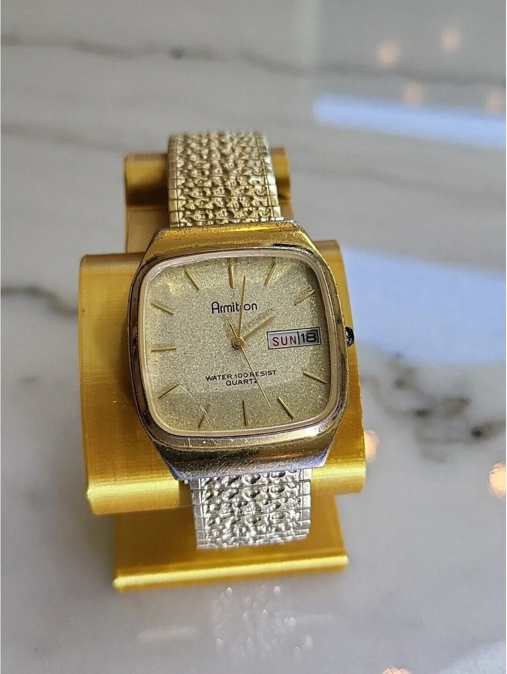 Armitron Men’s Watch Dust Gold Tone TankDate DayDial Nugget Band New Batt. 31mm